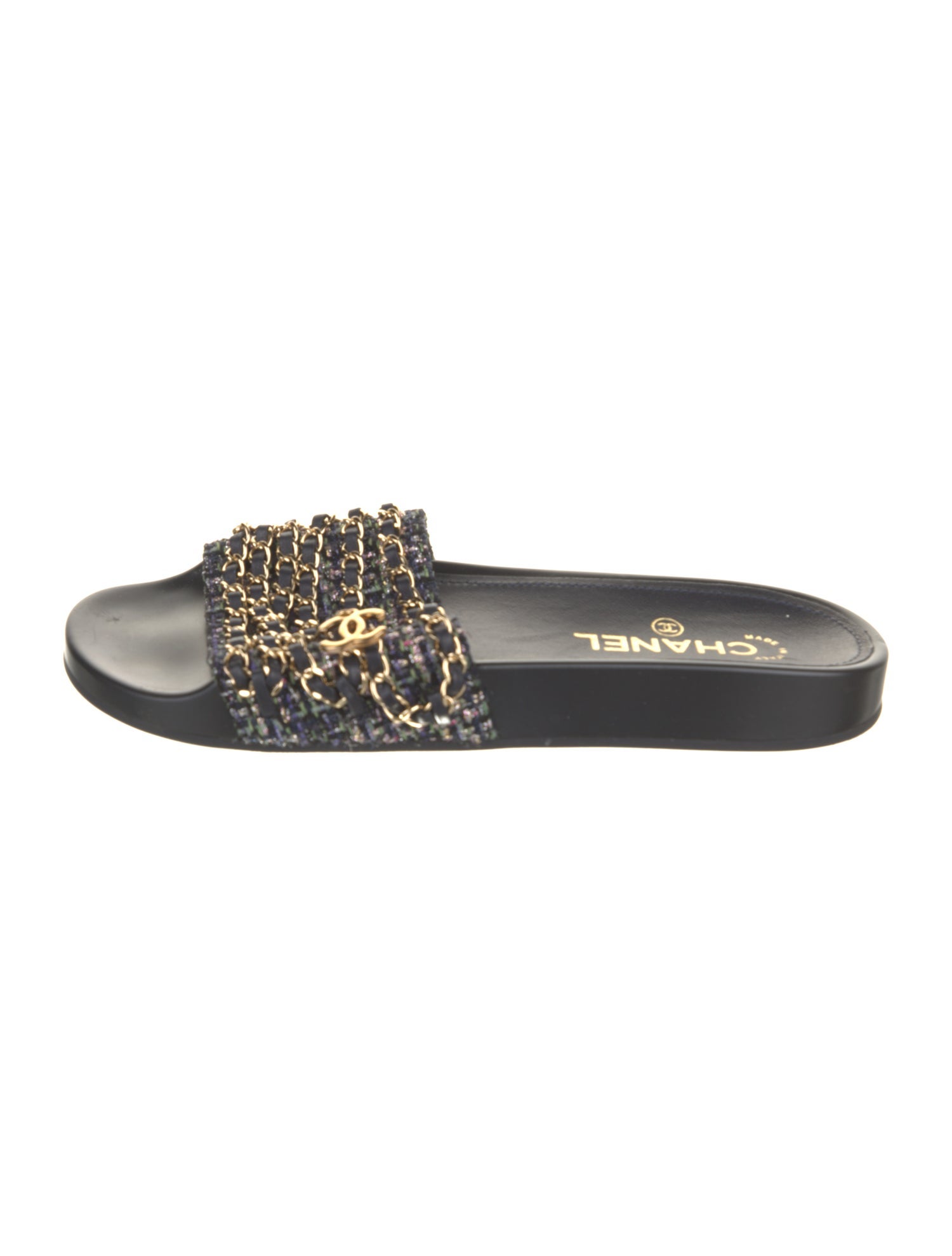 Chanel Interlocking CC Logo Tweed Slides